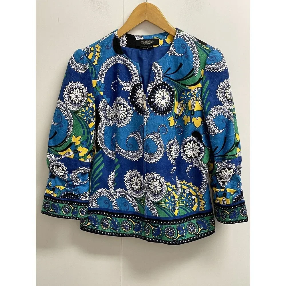 Peck & Peck Woman's 4 Blue Print Blazer Jacket Zip Front 3/4 Ruched Sleeve Lined